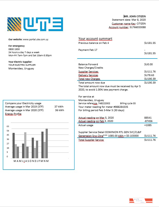Uruguay UTE electricity bill in Word format